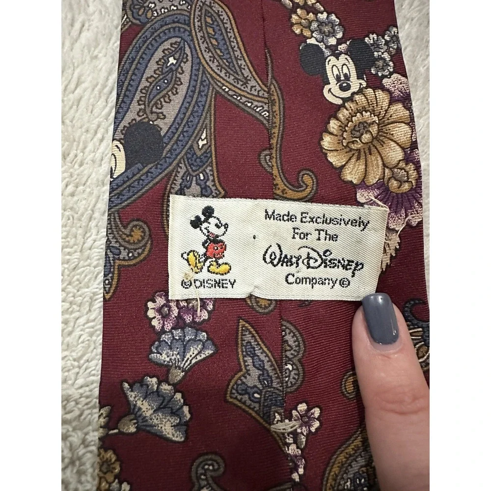 Vintage Walt Disney Men's Tie Mickey & Minnie Mouse Paisley & Floral Dark Red